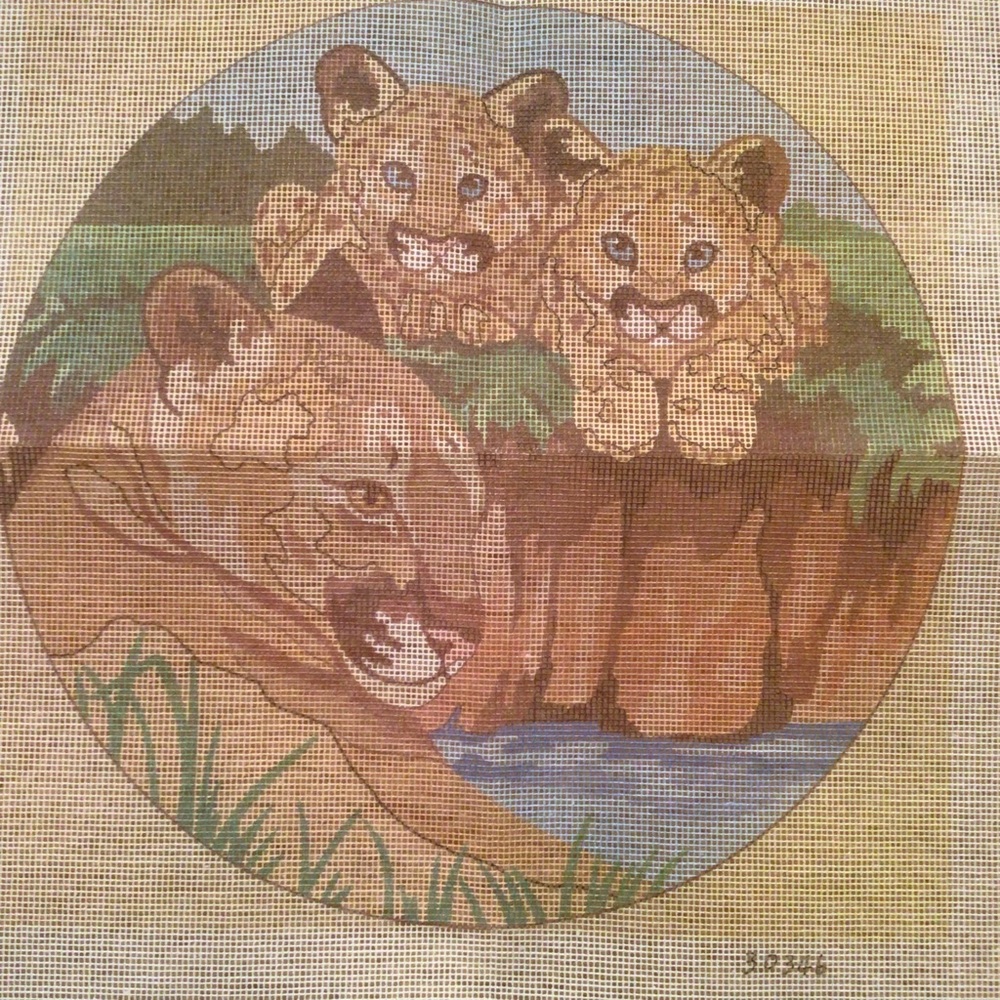 Vintage lioness and cubs needlepoint canvas